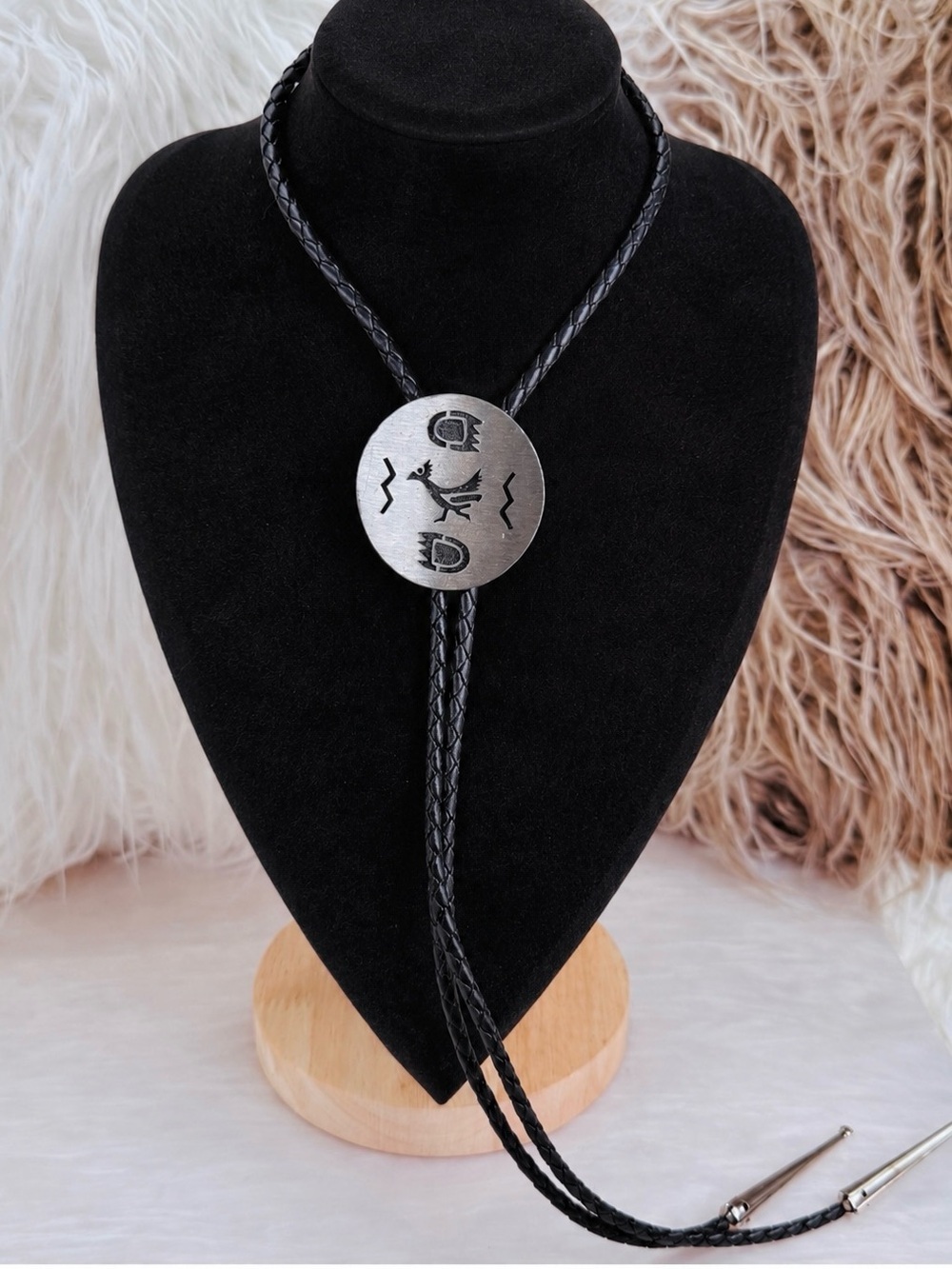 Vintage Southwestern Roadrunner Bolo Tie Black Braided Cord